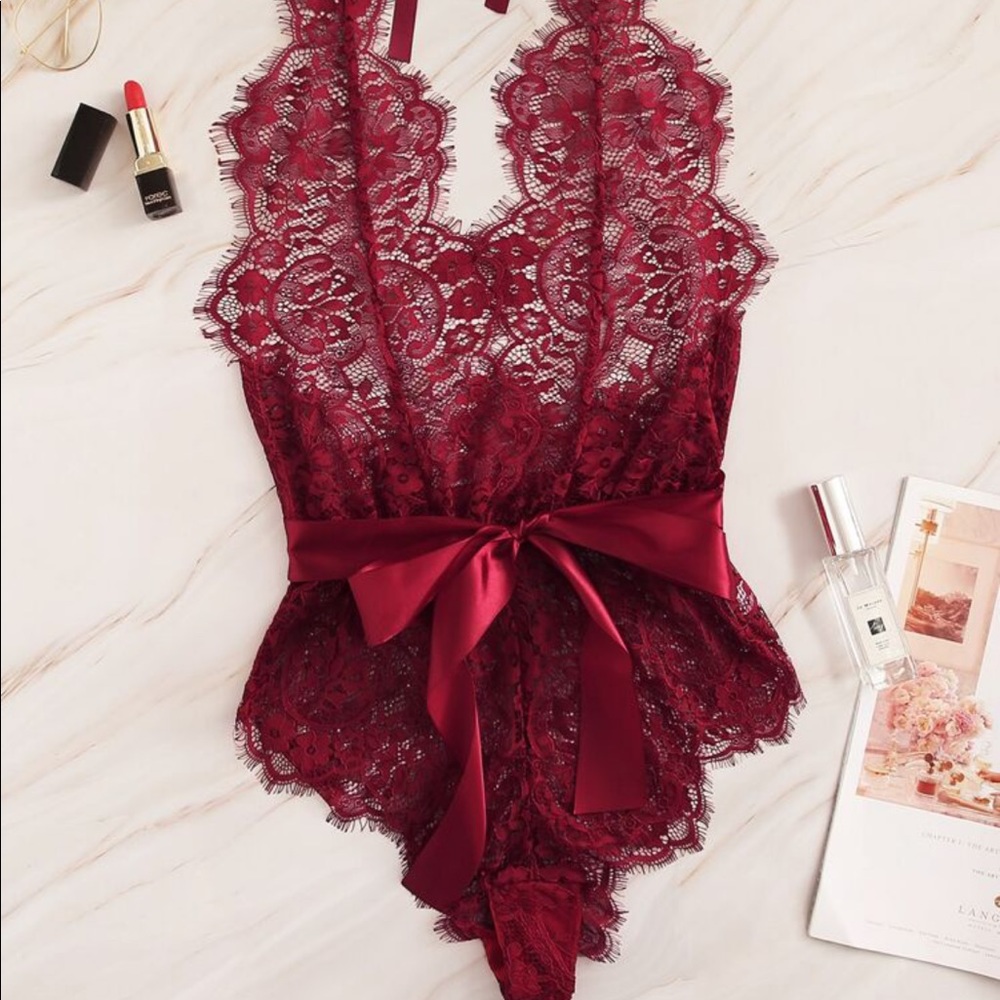 NEW SHEIN Floral Lace Halter Teddy Bodysuit